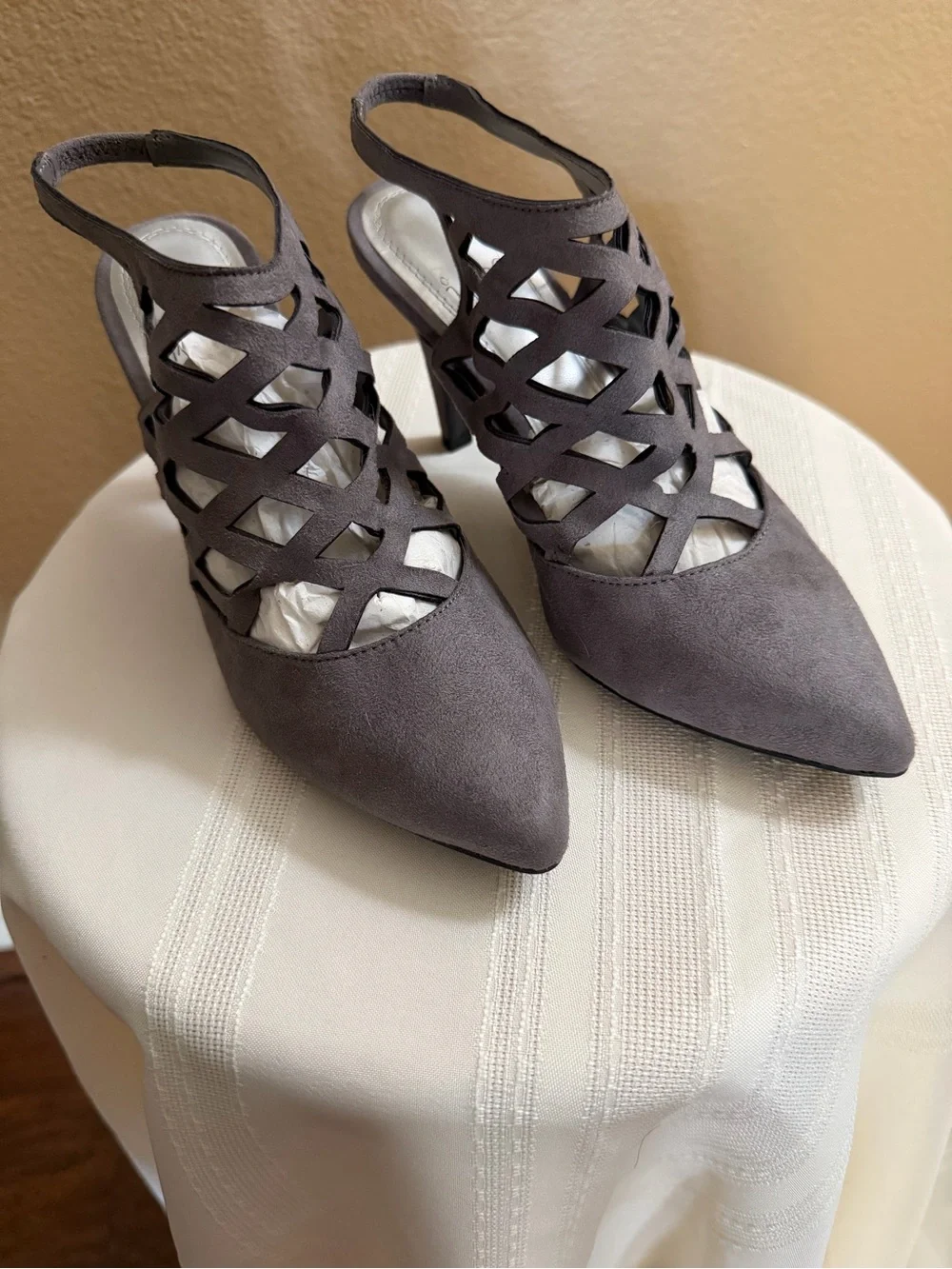 Impo Pointed Cage Slingback Heels in gray